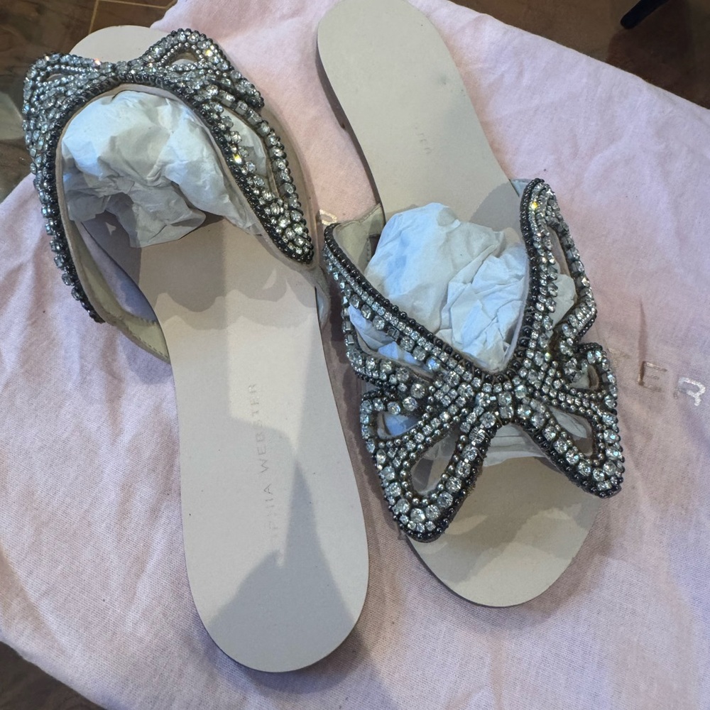 Sophia Webster Black Sandals with Gold and Pearl Butterfly Appliques - Picture 6 of 15